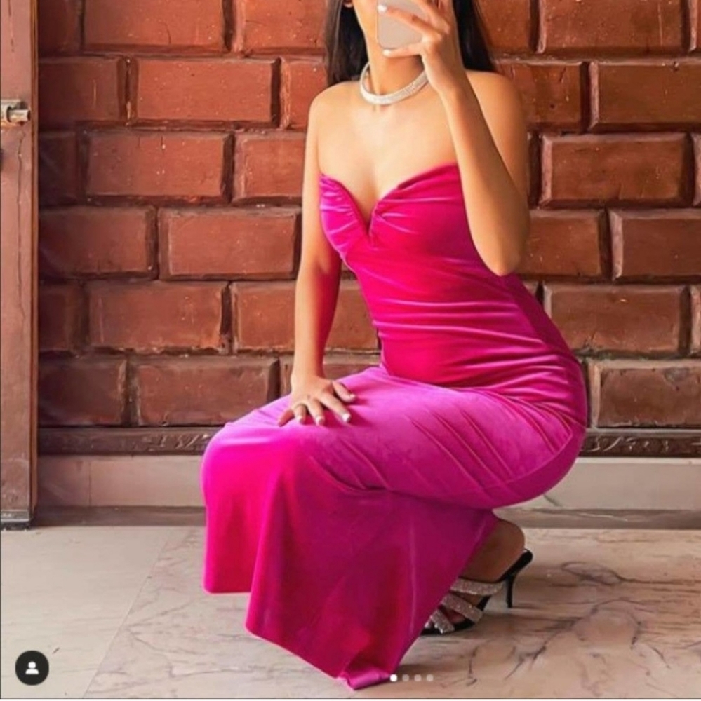 Zara * Velvet Midi Dress Pink Size XS - Picture 11 of 16